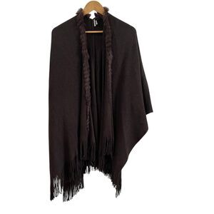 Croft & Barrow Cape Shawl Wrap Rabbit Fur‎ Trim Brown Fringe One Size Old Money